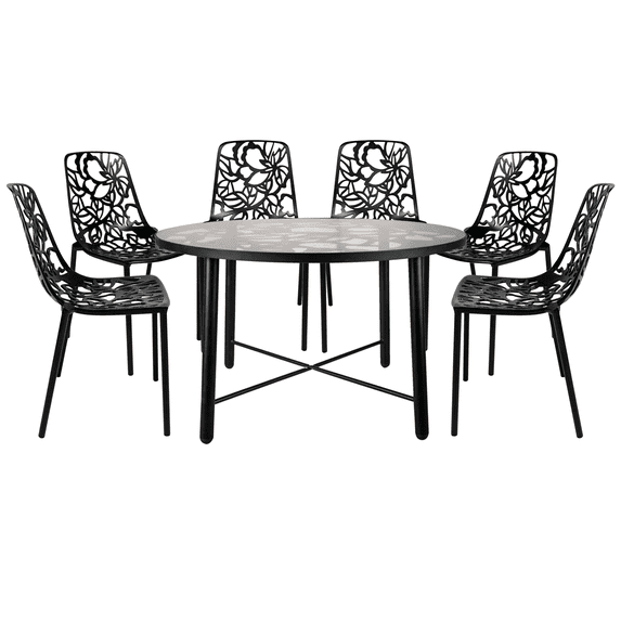 LeisureMod Devon Mid-Century Modern 7-Piece Aluminum Outdoor Patio Dining Set with Tempered Glass Top Table and 6 Stackable Flower Design Chairs for Patio, Balcony, and Backyard Garden (Black)