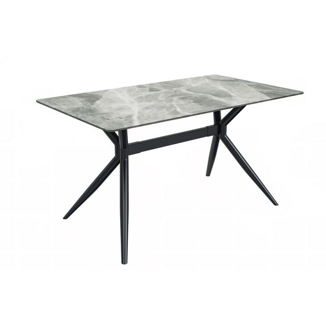 LeisureMod Elega Series Modern 62” Dining Table with Sintered Stone or Glass Rectangular Top and Black Stainless Steel Base in Light Grey