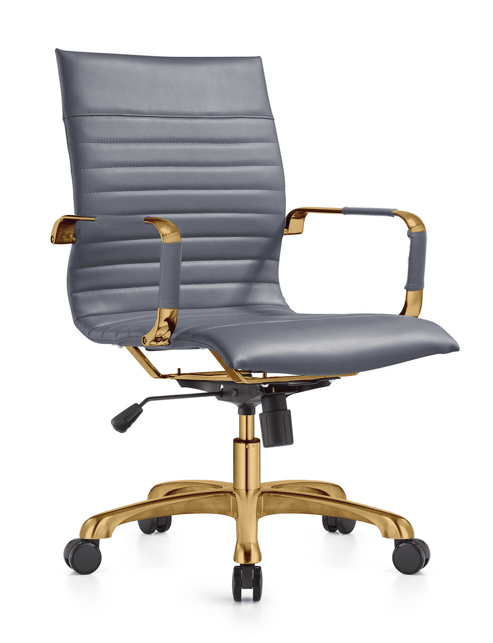 LeisureMod Harris Mid-Back Modern Leather Office Chair, Adjustable Swivel with Gold Frame, Grey
