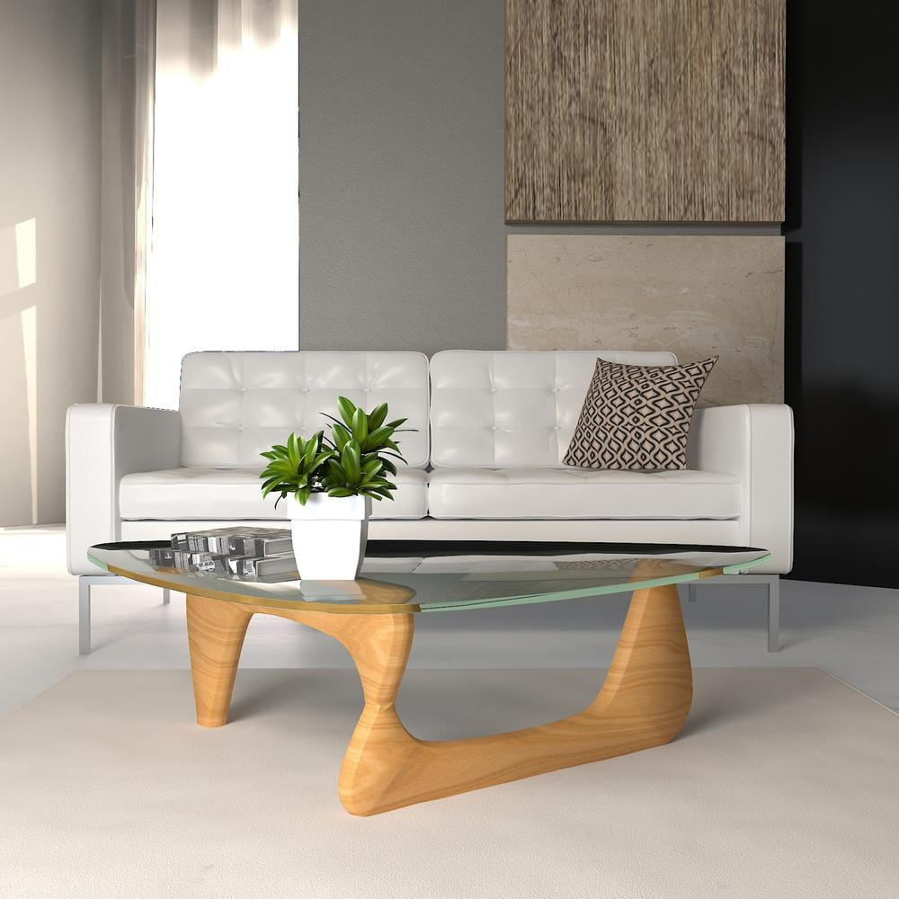 LeisureMod Imperial Triangle Wooden Glass Top Coffee Table in Natural