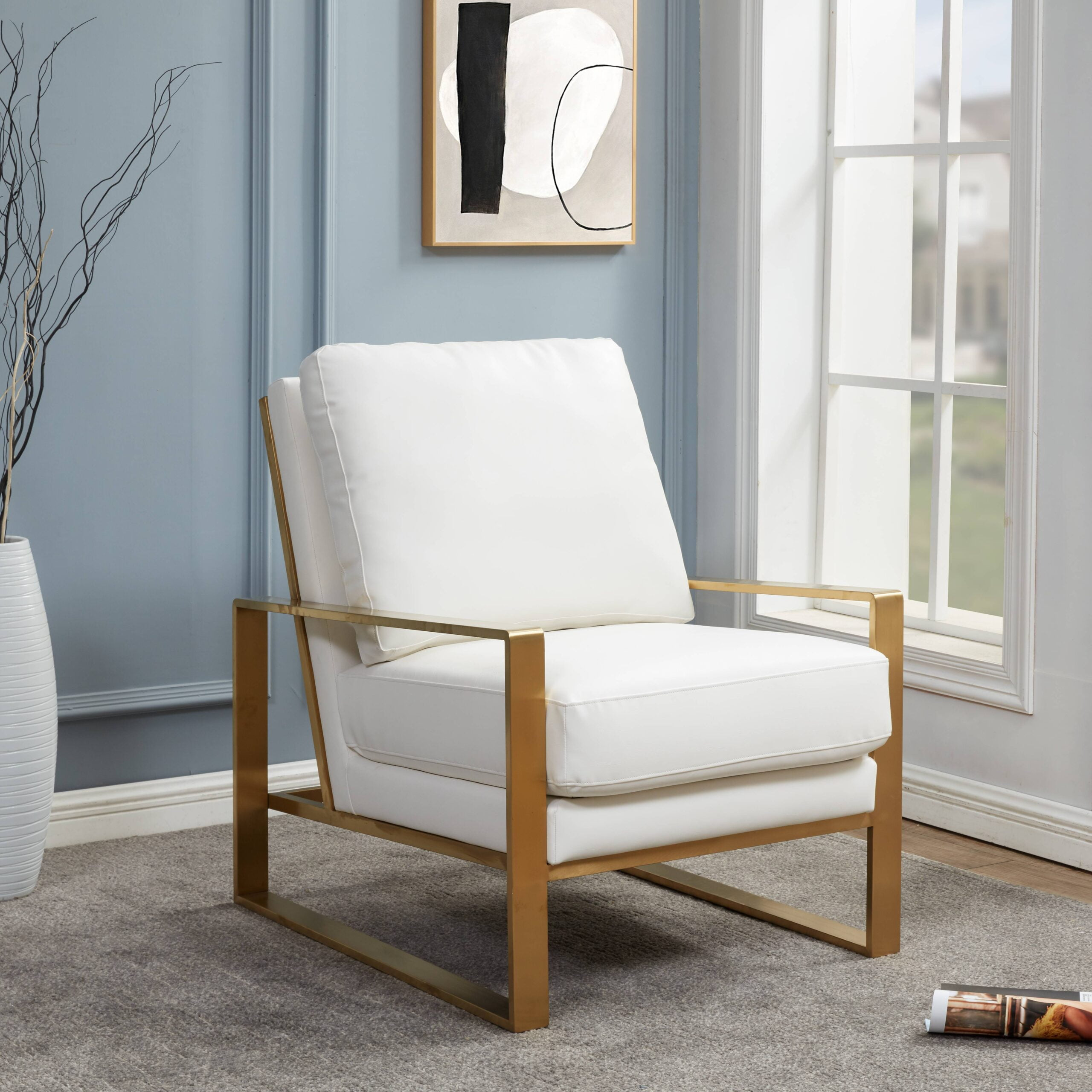 Jefferson Leather Modern Design Accent Armchair with Elegant Gold Frame, White