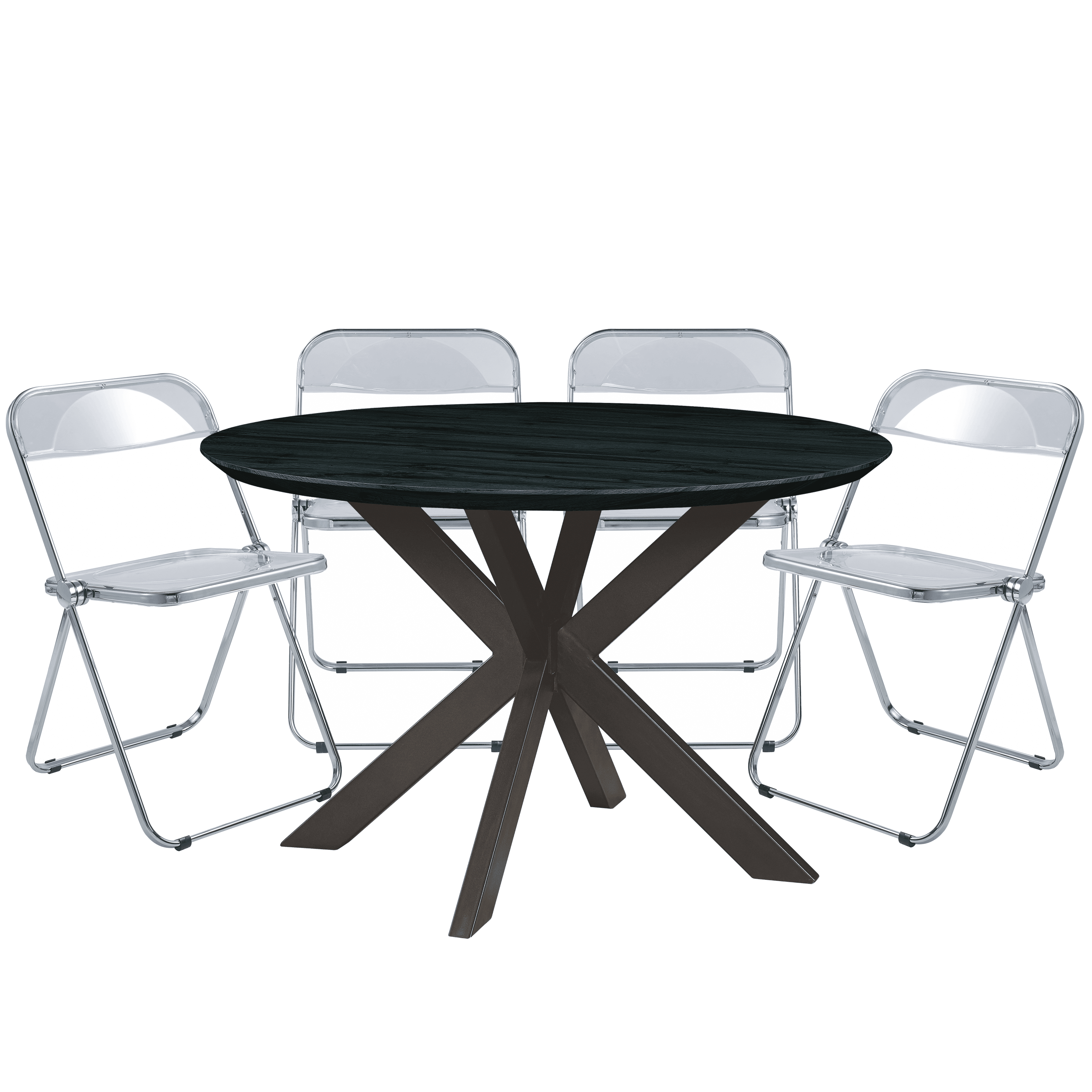 Lawrence Acrylic Folding Dining Chair & Round Dining Table with Geometic Base Set, Transparent Black - 5 Piece