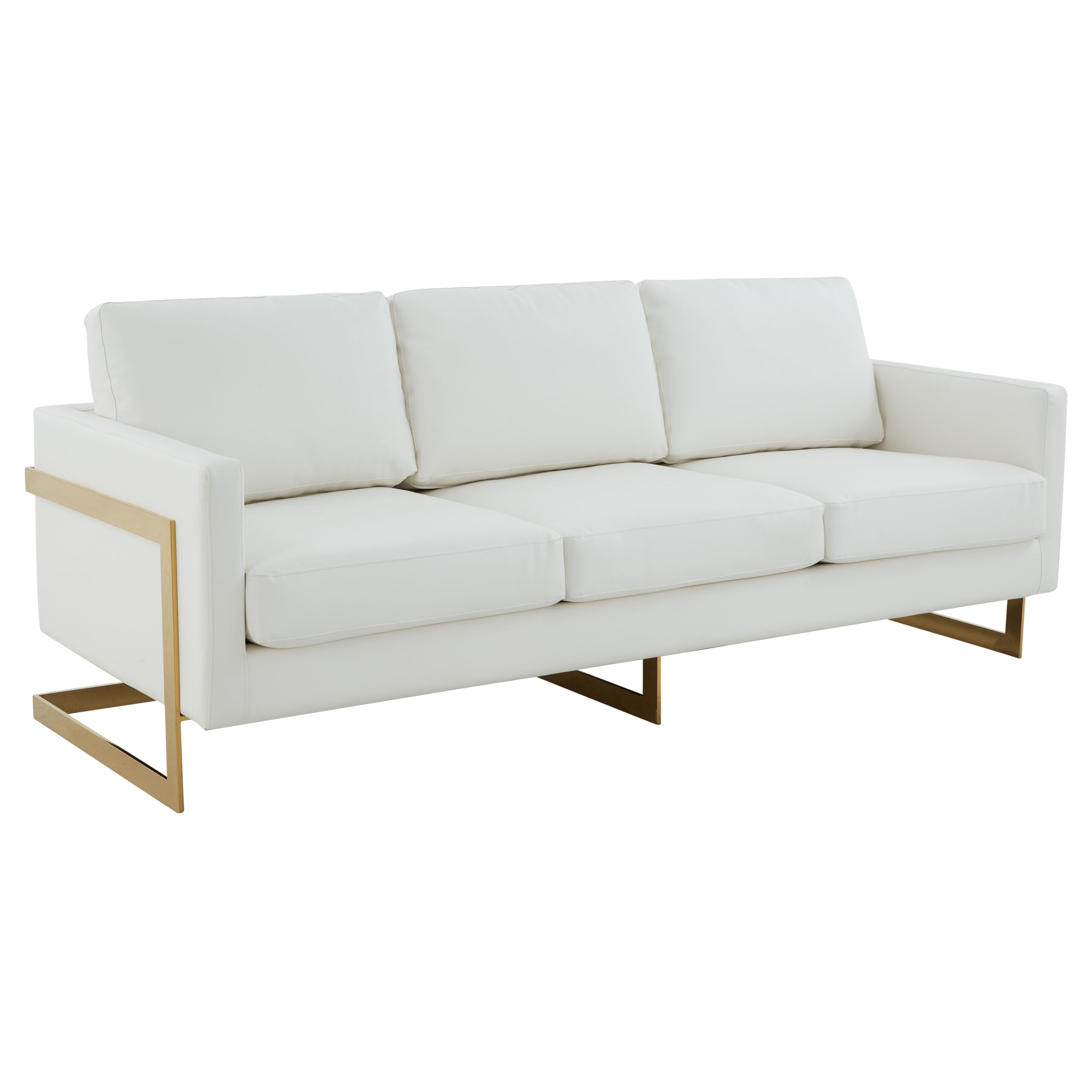LeisureMod Lincoln 83" Modern Leather Upholstered Sofa With Gold Steel Frame in White