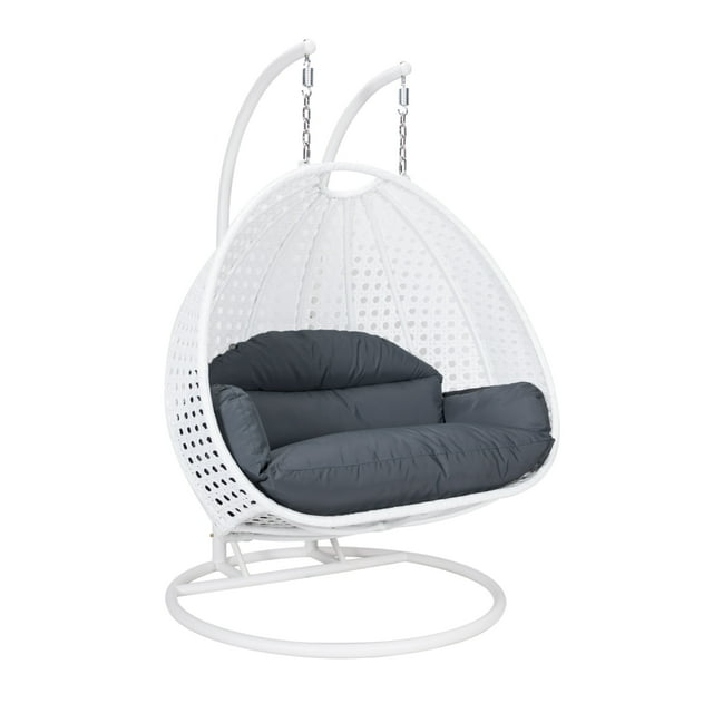 LeisureMod Modern Beige Wicker Hanging Double Seater Egg Swing Chair with Cushion, Dark Grey - Indoor/Outdoor Patio Swing