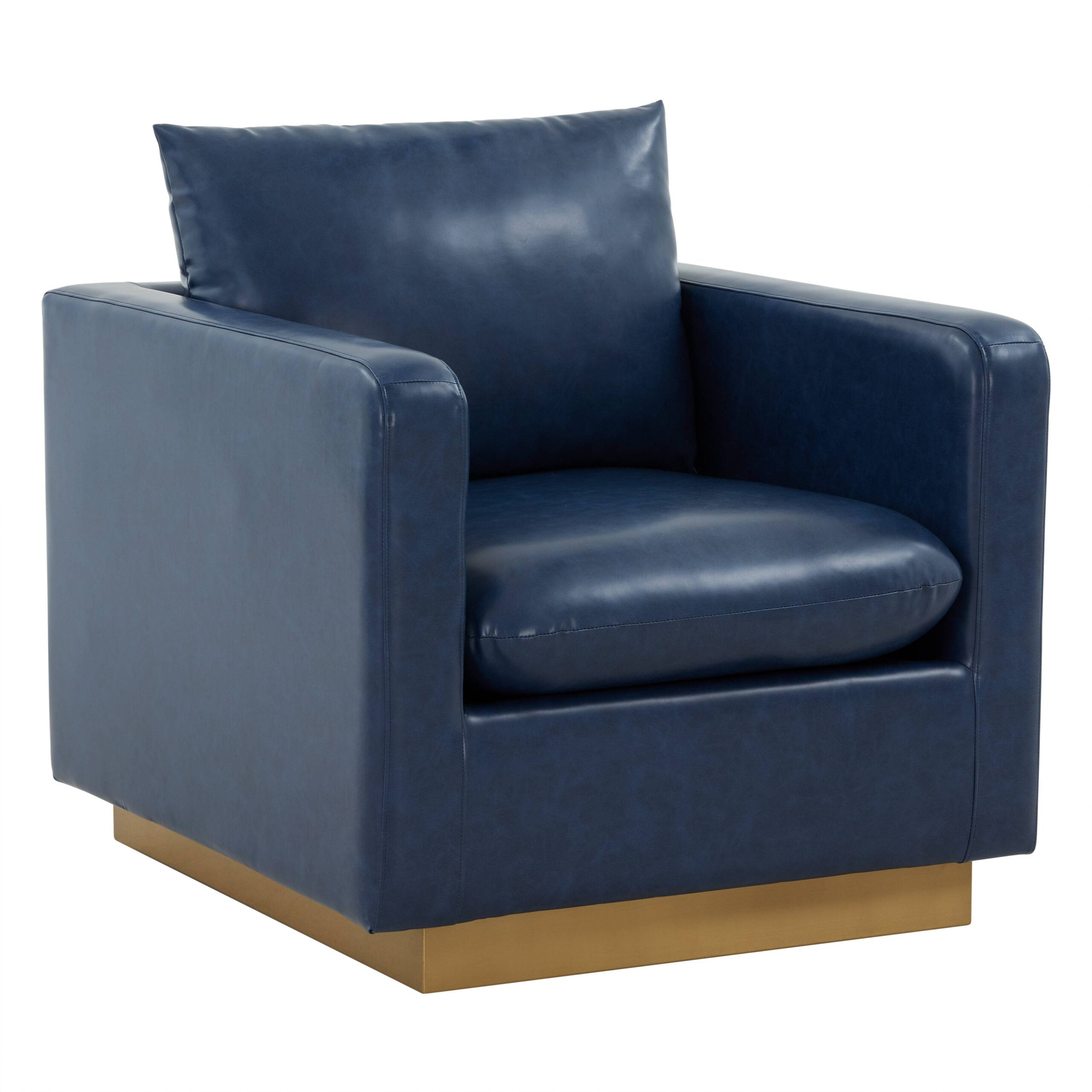 LeisureMod Nervo Modern Leather Upholstered Accent Arm Chair With Gold Frame in Navy Blue