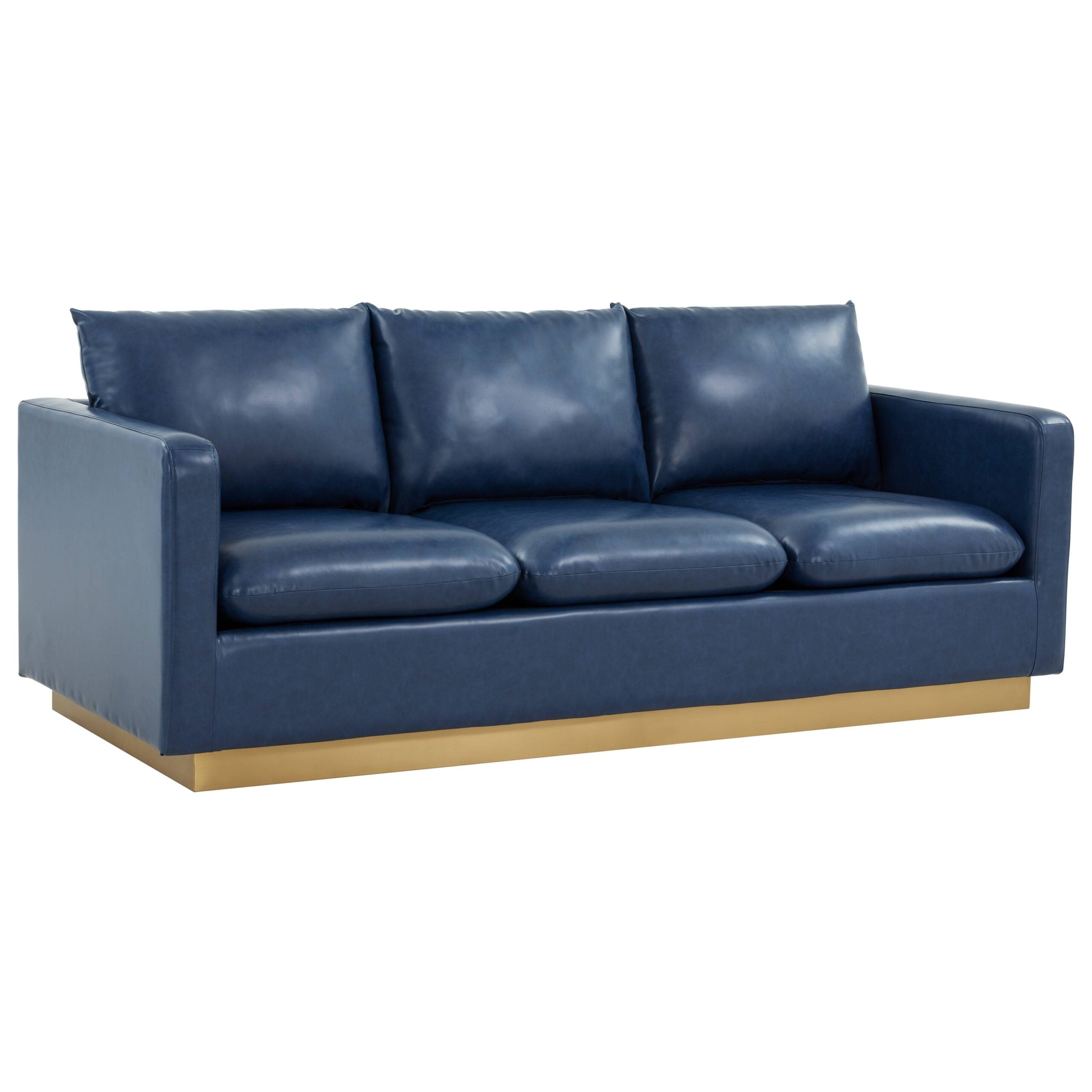 LeisureMod Nervo Modern Leather Upholstered Sofa With Gold Frame in Navy Blue