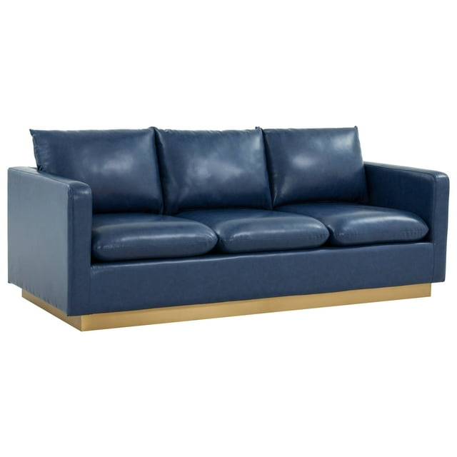 LeisureMod Nervo Modern Leather Upholstered Sofa With Gold Frame in Navy Blue