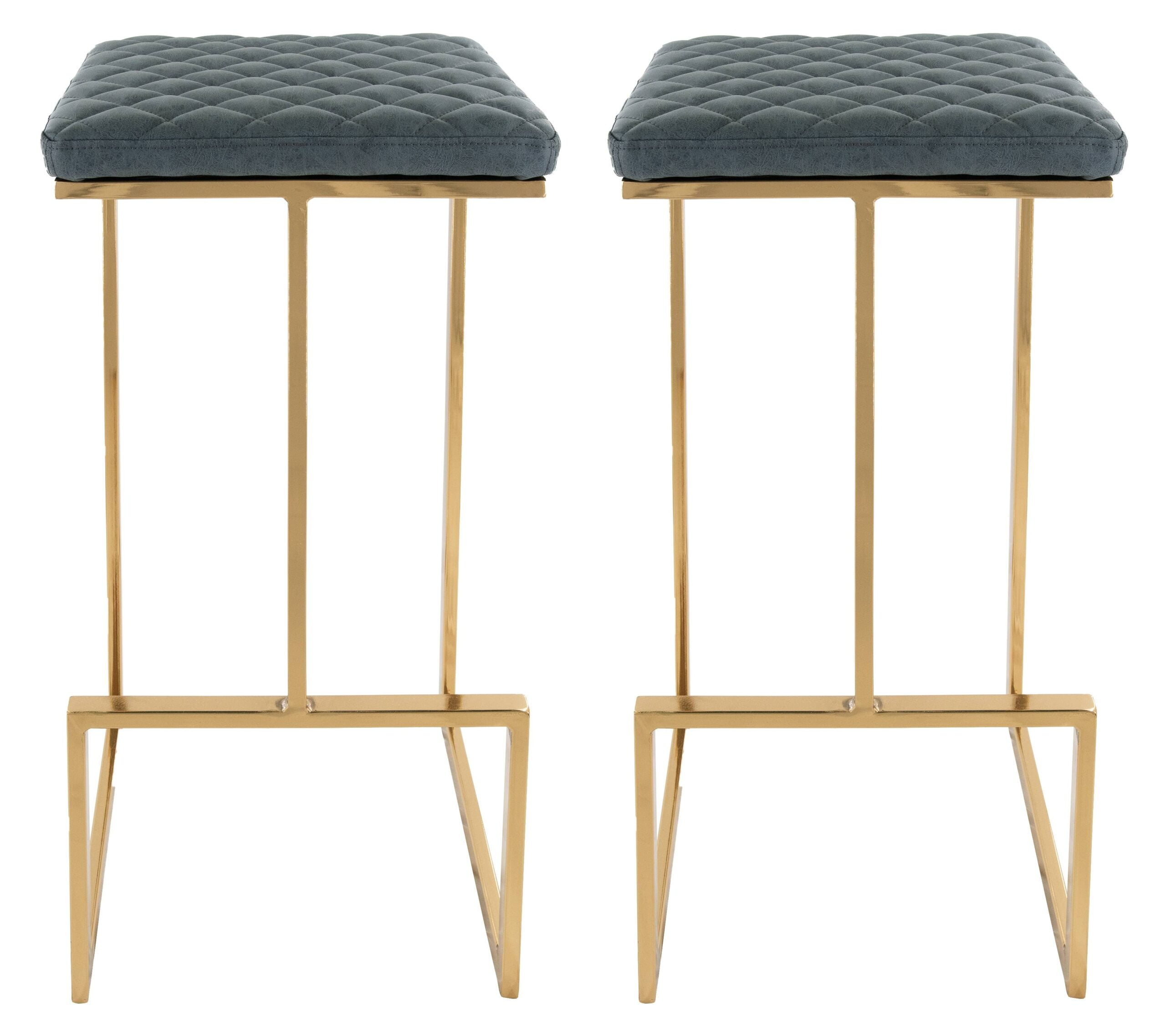 LeisureMod Quincy Stitched Leather Gold Metal Bar Stools set 2 in Peacock Blue