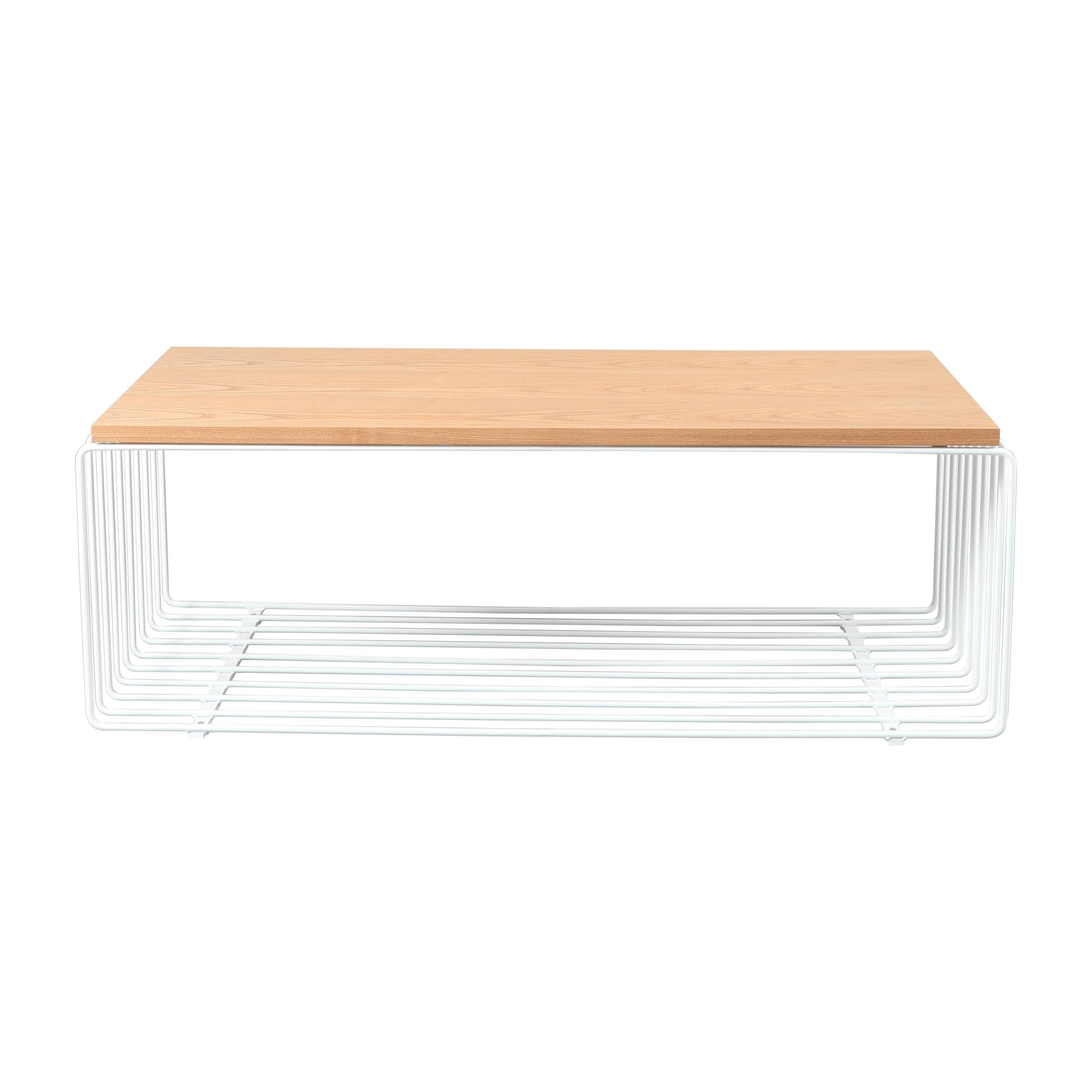 LeisureMod Rectangular Coffee Table with Ash Wood Veneer Top and Powder-Coated Steel Base Wireframe Design with Crossbars Walden Collection in White