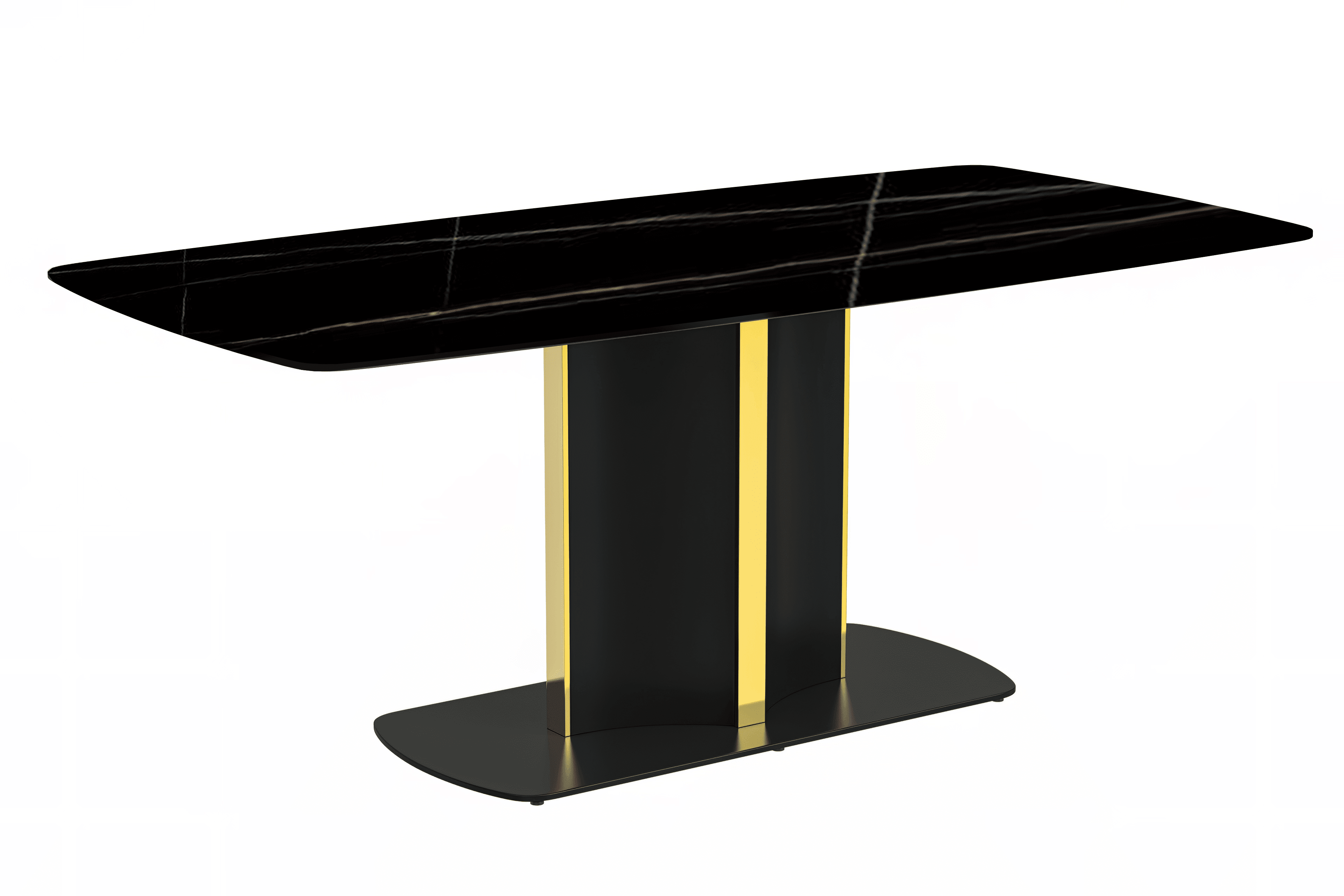 LeisureMod Sylva 62" Rectangular Dining Table Indoor Modern Kitchen Table with Sintered Stone Wide Top and Steel Pedestal Base in Black/Gold