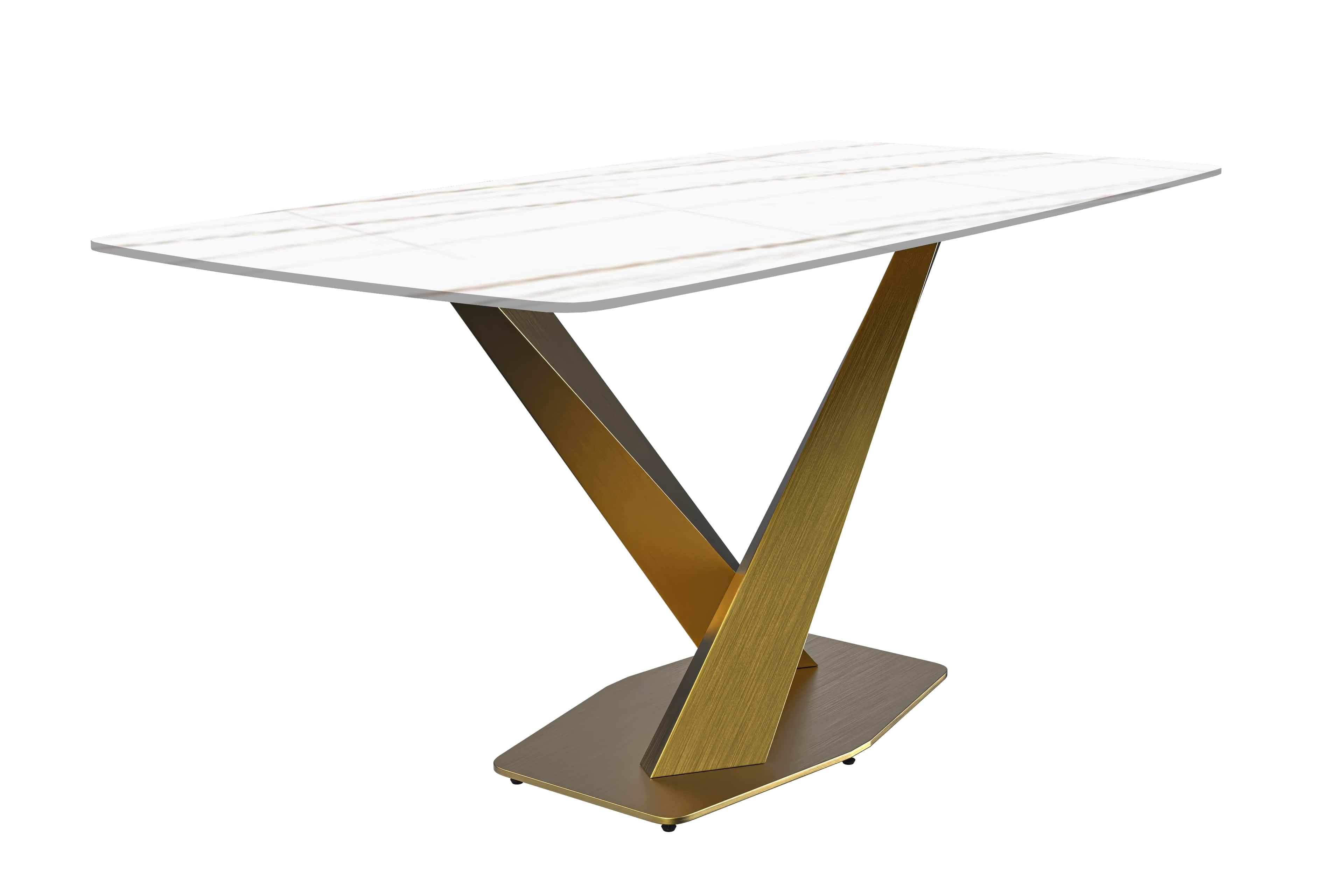 LeisureMod Voren Mid-Century Modern Dining Table with a 55" Sintered Stone Rectangular Tabletop in Gold Stainless Steel Base for Kitchen and Dining Room, White/Gold