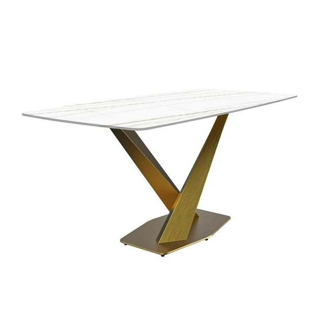 LeisureMod Voren Mid-Century Modern Dining Table with a 55" Sintered Stone Rectangular Tabletop in Gold Stainless Steel Base for Kitchen and Dining Room, White/Gold