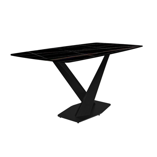 LeisureMod Voren Modern Dining Table with 62" Rectangular Sintered Stone or Glass Wide Tabletop and Black Steel Legs for Home, Kitchen, Dining or Conference Room in White Grey