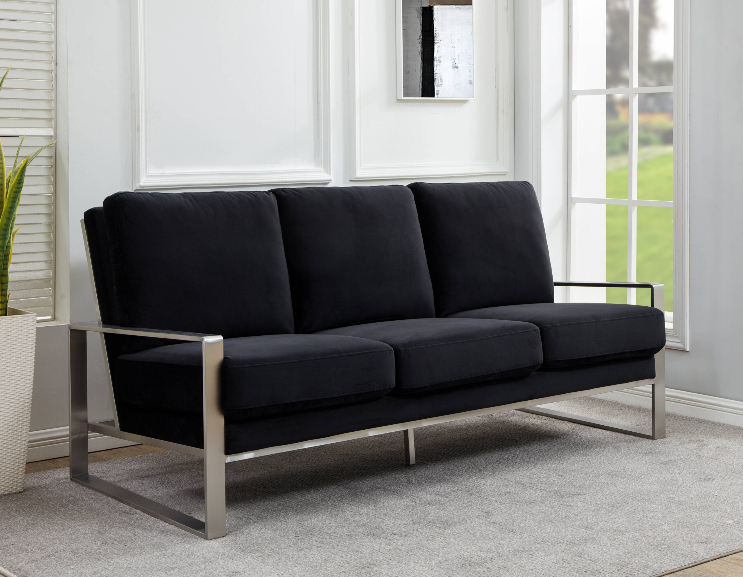 LeisureMod Accent Arm Chair Upholstered in Velvet with Brushed Silver Stainless Steel Frame and Removable Cushions Jefferson Collection in Black