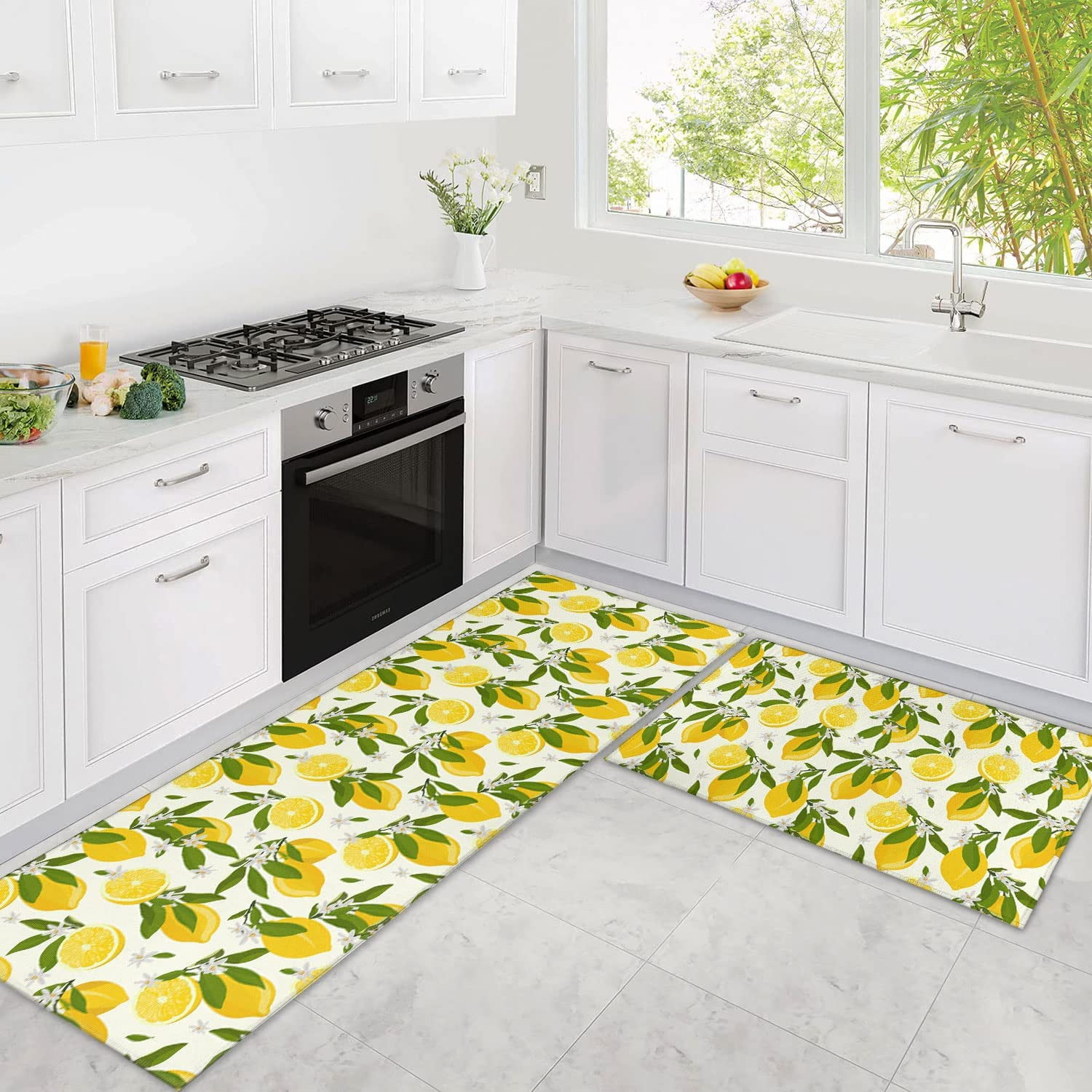 Lemon Kitchen Mats Cushioned Anti Fatigue 2 Piece Set, Memory Kitchen Mat Set Of 2, Farmhouse Kitchen Runner Rug and Waterproof Kitchen Mat for Home Kitchen Decor or Office 17"x30"+17"x47"