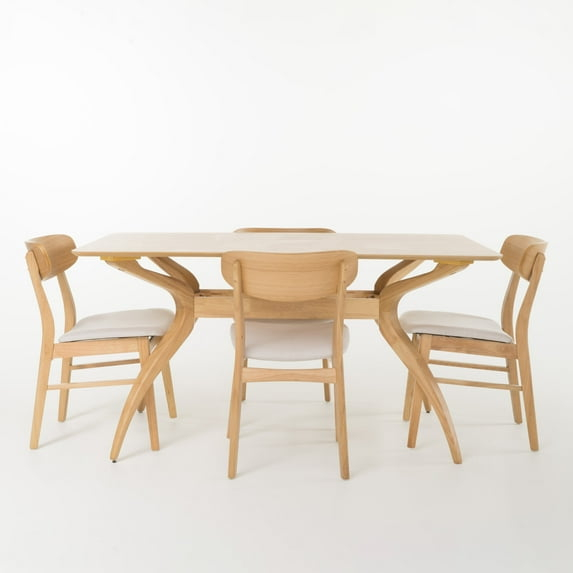 Leona Mid-Century Modern 5 Piece Dining Set, Light Beige and Natural Oak