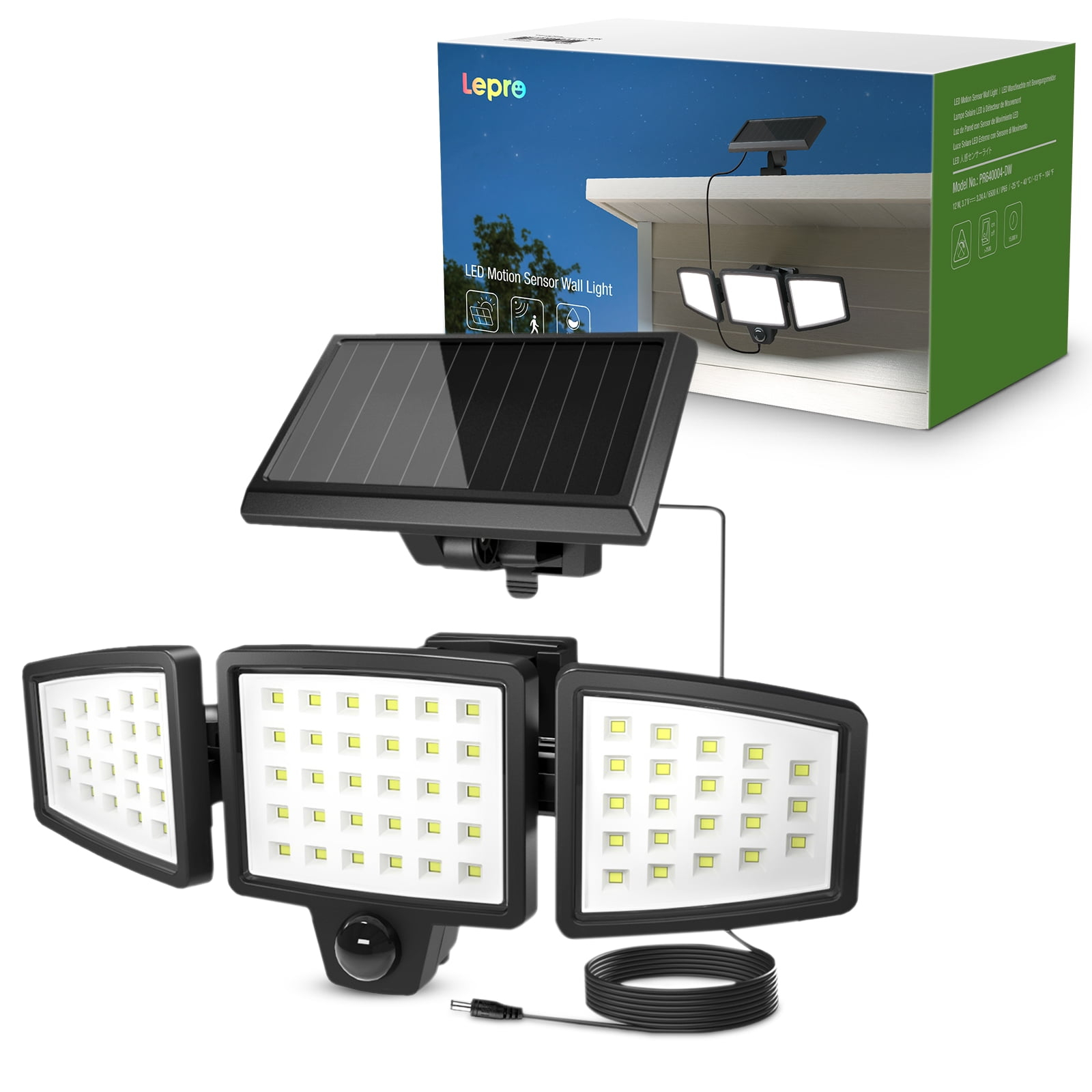 Lepro Solar Lights for Outside, WL5000 Motion Activated Security Lights, Separate Solar Panel, 3 Adjustable Head 270° Wide Lighting Angle, IP65 Waterproof Wall Lamp for Porch Yard Garage