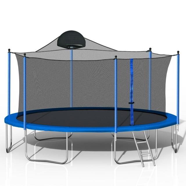 14FT Trampoline with Basketball Hoop for Kids & Adults, Outdoor Round Trampoline with Safety Enclosure Net, Recreational Heavy-Duty Trampoline, Blue