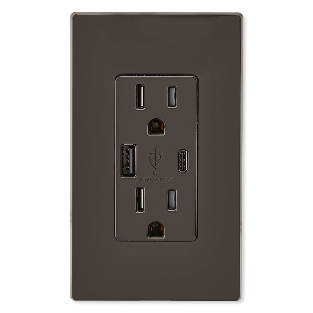 Leviton T5633-B Decora USB Type-A/Type-C Wall Outlet Charger, 15A, Brown