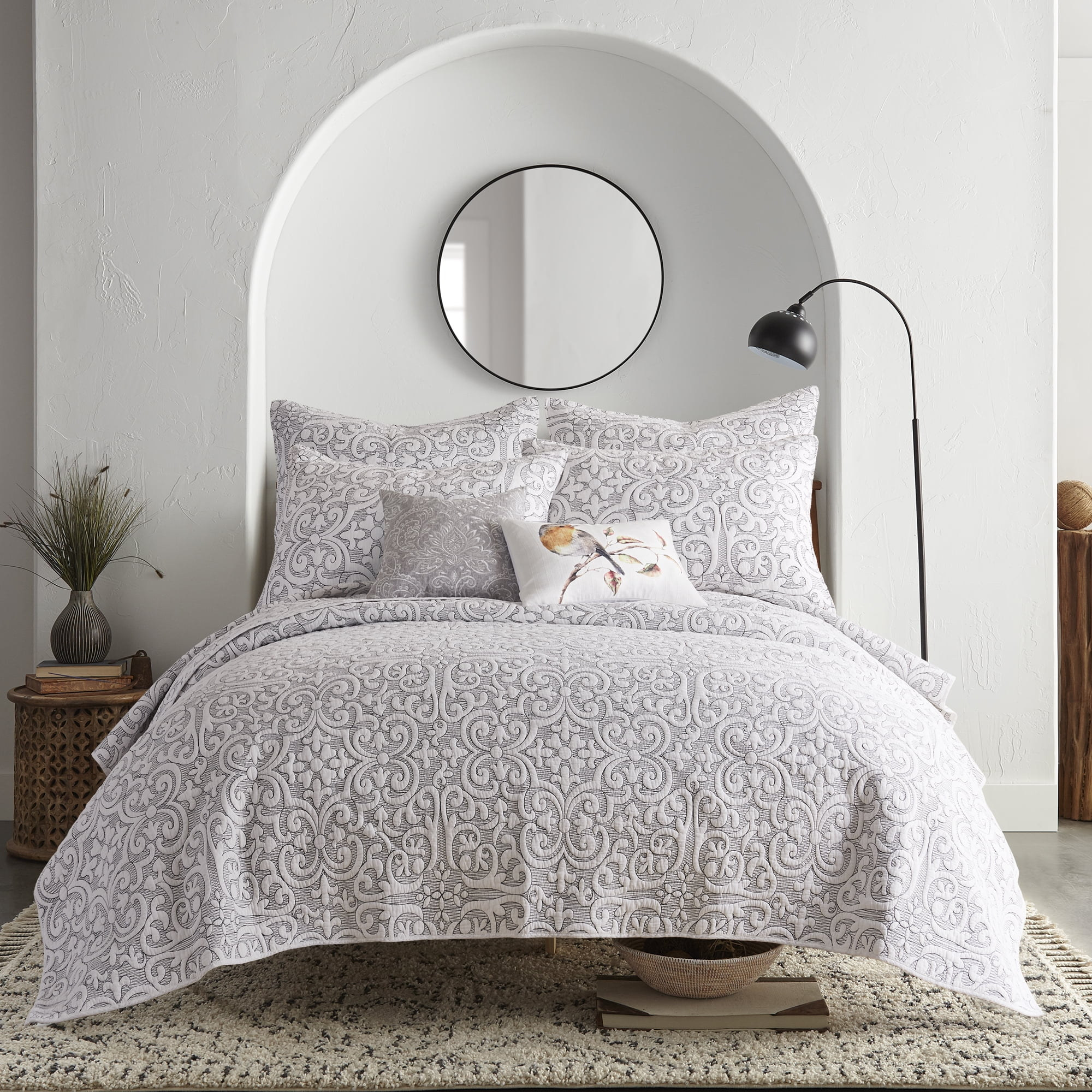 Levtex Home Birch Hill Sherbourne Quilt - Quilted Medallion White with Black Stitch - Twin Quilt (68x86) - Reversible Pattern - Cotton Front/Microfiber Reverse - Shams Sold Separately