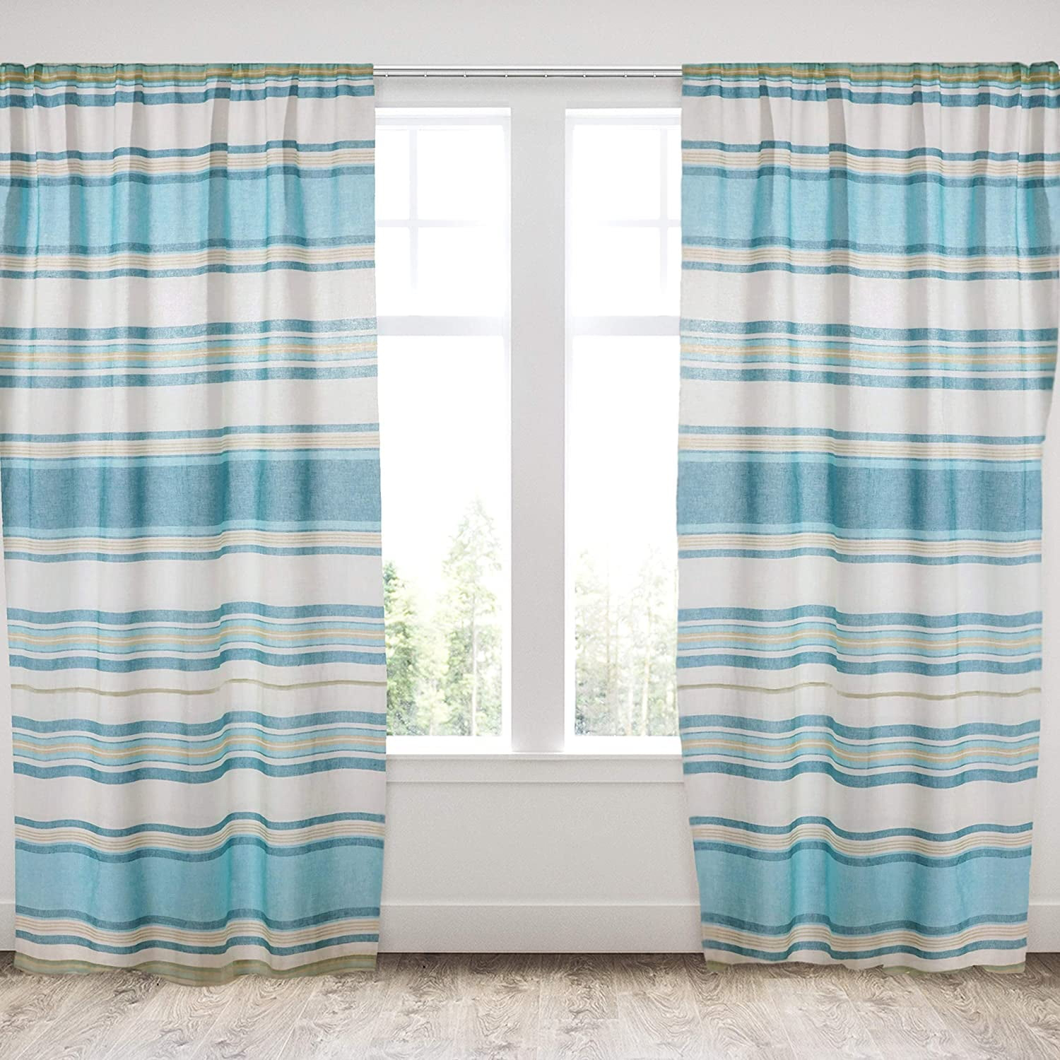 Levtex Home - Blue Maui - Window Panels with Rod Pocket - Two Curtains 84 inch Length - Classic Stripe - Blue, Grey, Taupe - 100% Cotton - Lined
