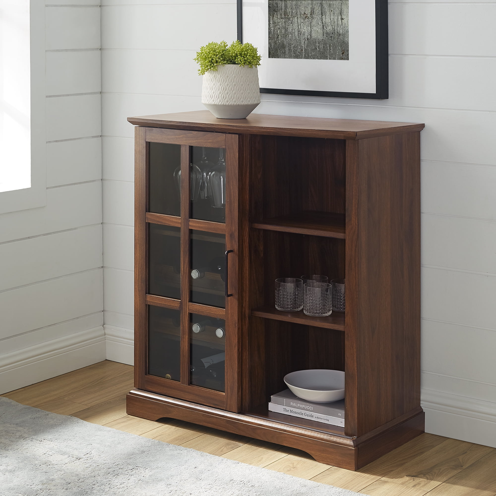 Lewes Sliding Glass Door Dark Walnut Bar Cabinet by Walker Edison