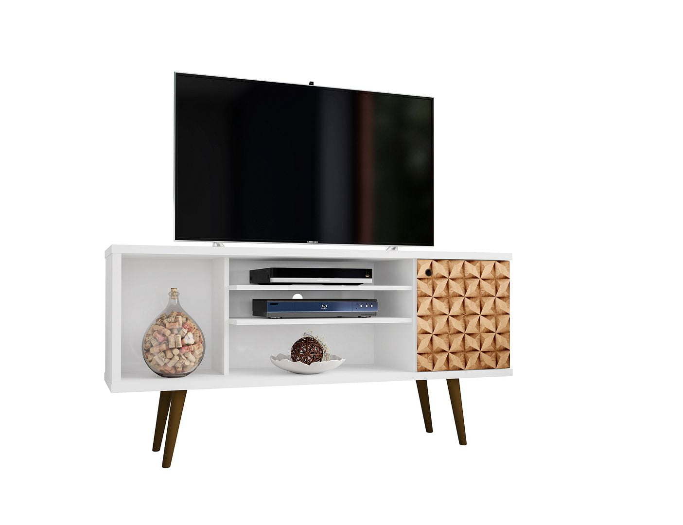 Liberty 53.14" Mid-Century Modern TV Stand with 5 Shelves and 1 Door  with Solid Wood Legs