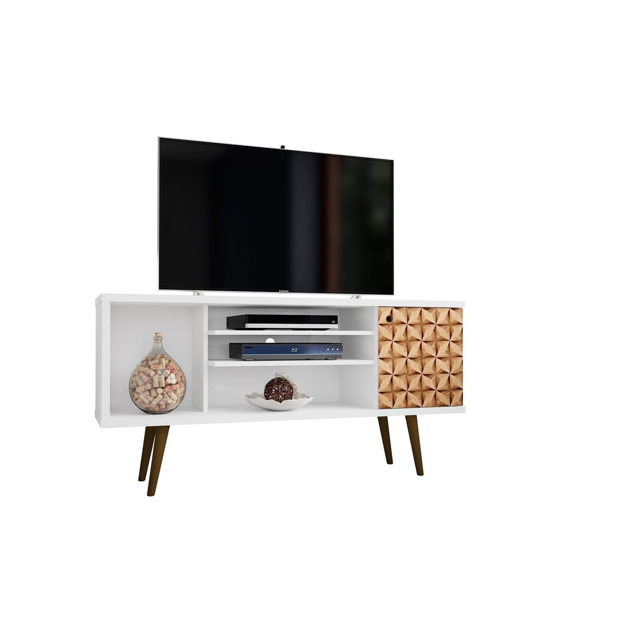 Liberty 53.14" Mid-Century Modern TV Stand with 5 Shelves and 1 Door  with Solid Wood Legs