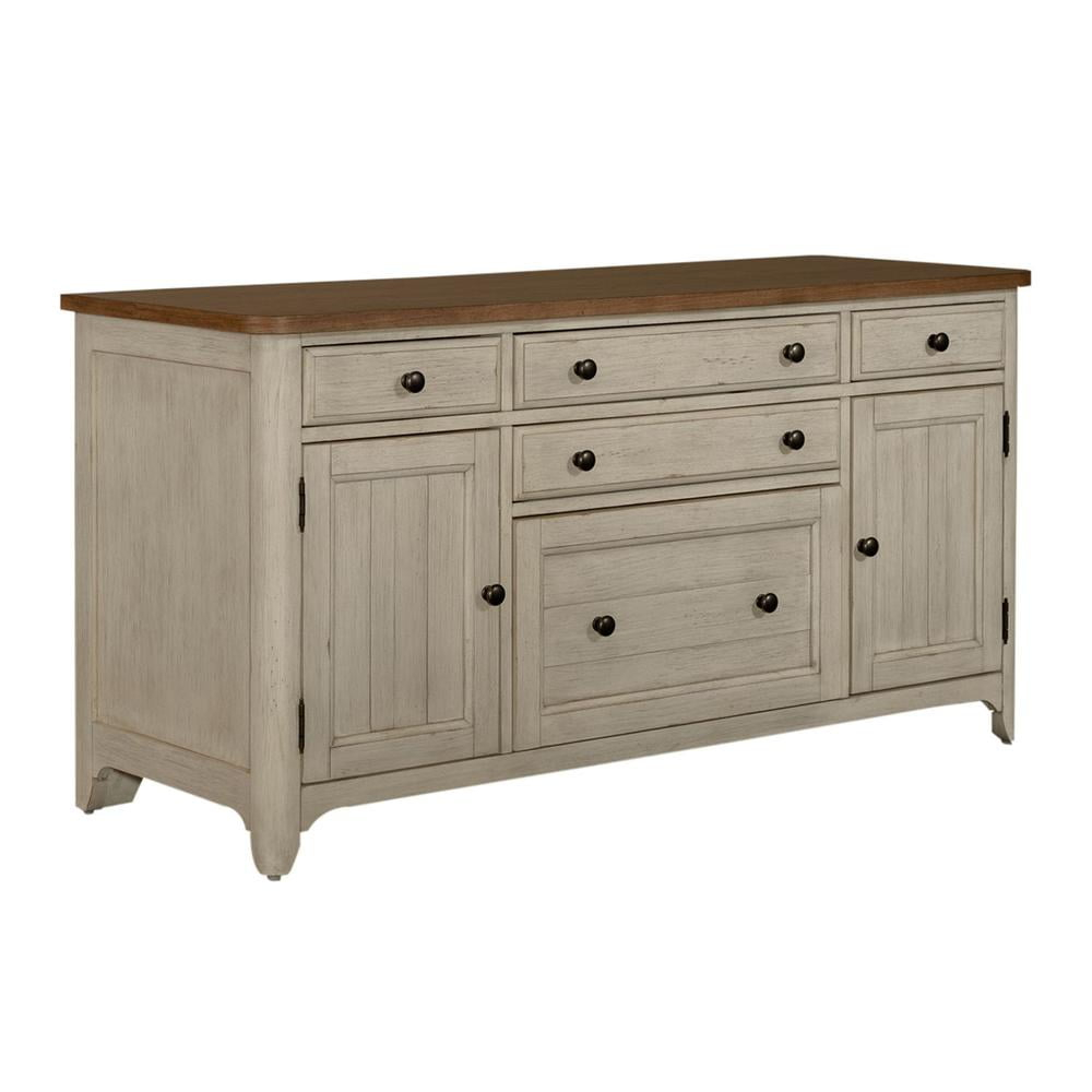 Liberty Furniture Farmhouse Reimagined Door Credenza in Antique White w/ Chestnut Top