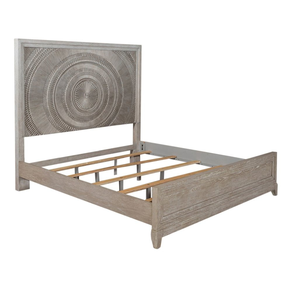 Liberty Furniture California King Panel Bed, Dresser & Mirror, Chest - Taupe & Silver Champagne
