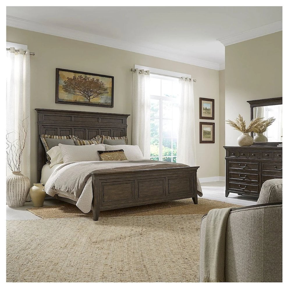 Liberty Furniture Paradise Valley King Panel Bed, Dresser & Mirror, Night Stand - Saddle Brown
