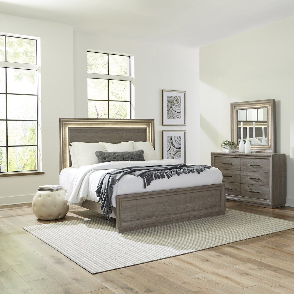 Liberty Furniture King Panel Bed, Dresser & Mirror in Rubberwood Solids & Paper Laminate