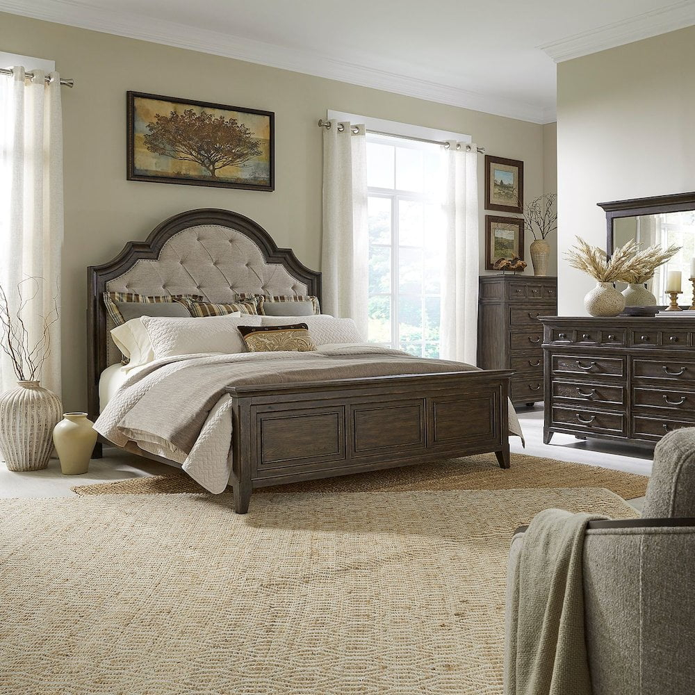 Liberty Furniture King Uph Bed, Dresser & Mirror in Saddle Brown color