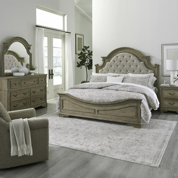 Liberty Furniture King Upholstered Bed, Dresser & Mirror, Night Stand - Weathered Bisque