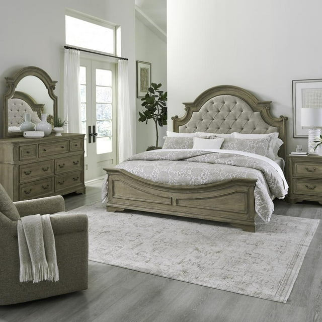 Liberty Furniture King Upholstered Bed, Dresser & Mirror, Night Stand - Weathered Bisque