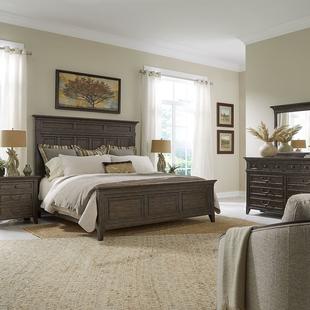 Liberty Furniture Paradise Valley King Panel Bed, Dresser & Mirror, Night Stand - Saddle Brown