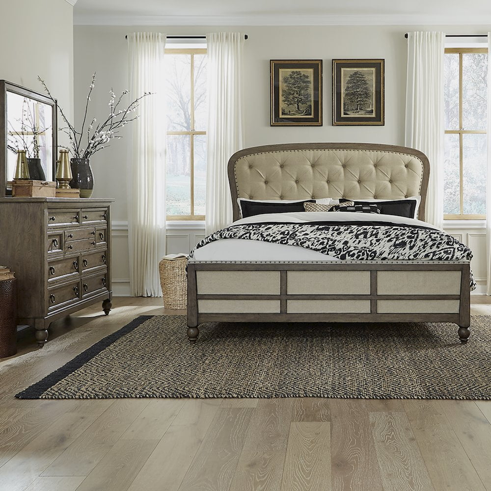 Liberty Furniture Industies, INC Americana Farmhouse Queen Shelter Bed, Dresser & Mirror - Dusty Taupe & Black