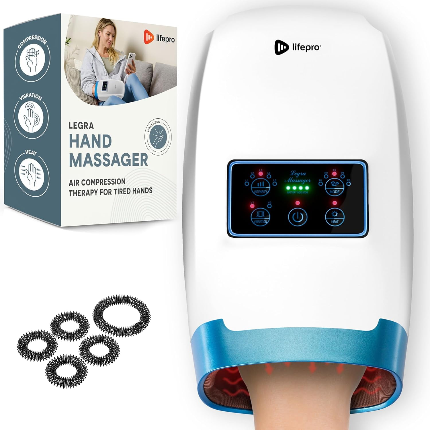 Lifepro Legra Heated Compression Hand & Wrist Massage Machine for Hand Pain Relief - White