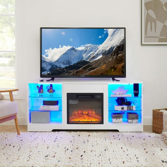Modern White TV Stand with Glass Shelves, 3D Fireplace, LED Lights, USB Charging Outlet, Fits TVs up to 32-65 Inches (White)