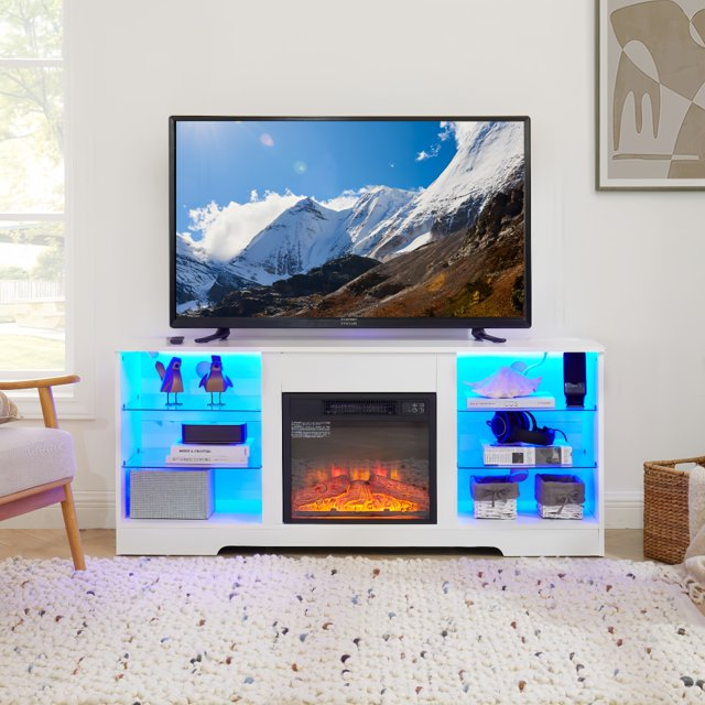 Modern White TV Stand with Glass Shelves, 3D Fireplace, LED Lights, USB Charging Outlet, Fits TVs up to 32-65 Inches (White)