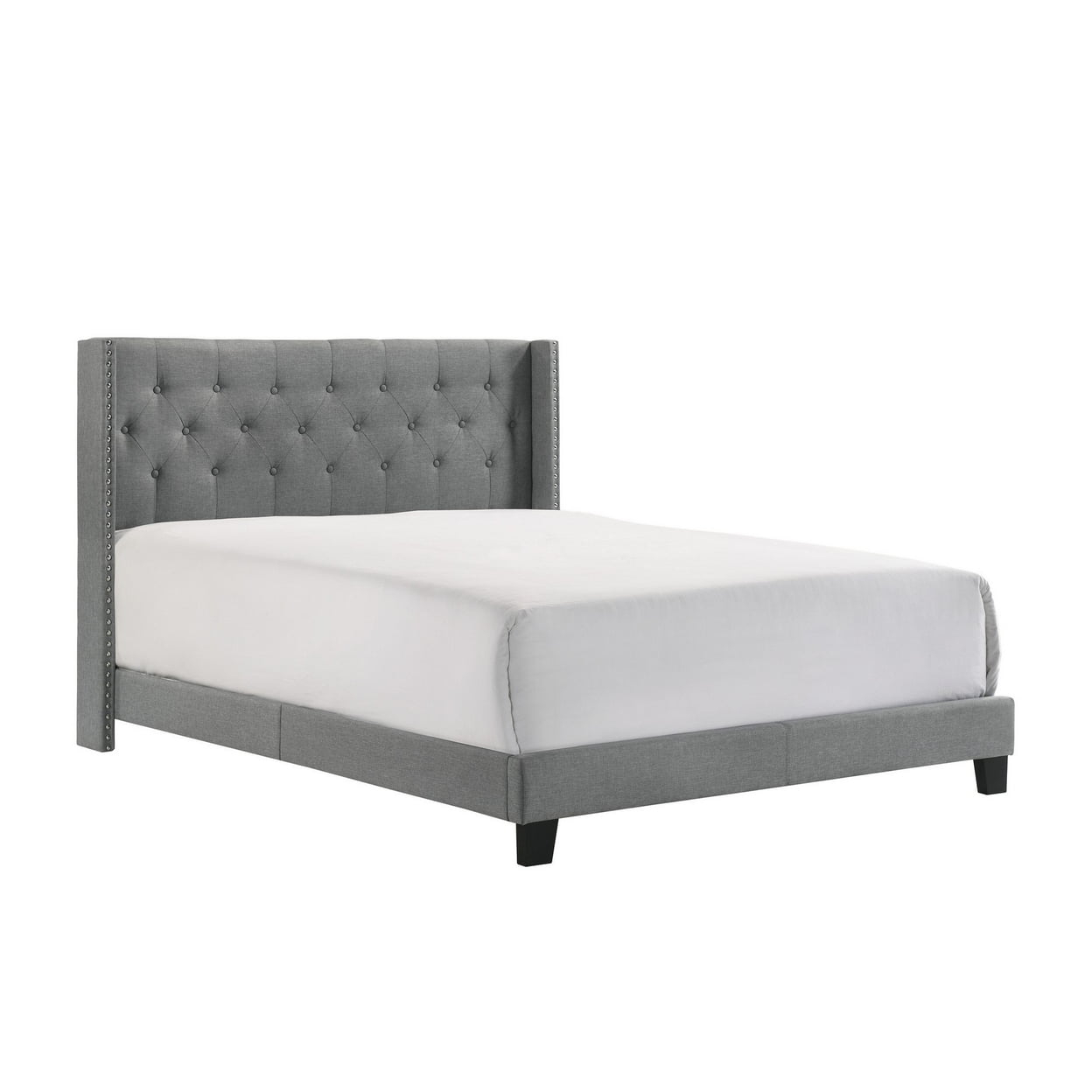 Lih Modern Wingback Queen Bed, Button Tufted Headboard, Nailhead Trim, Gray- Saltoro Sherpi