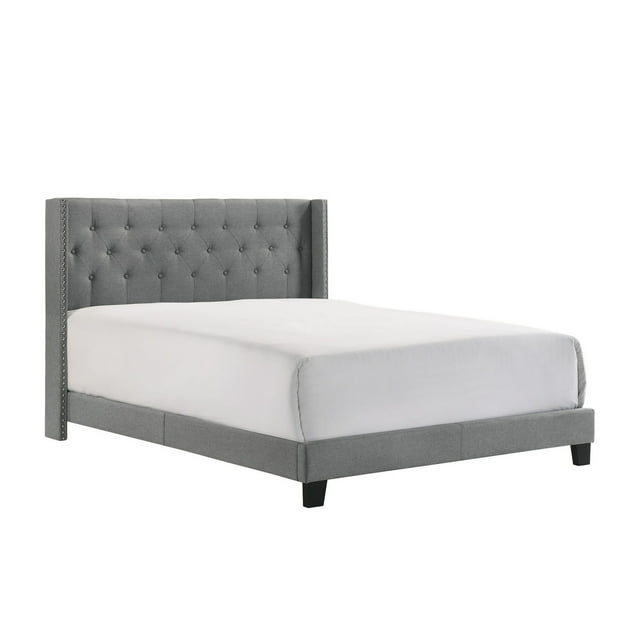 Lih Modern Wingback Queen Bed, Button Tufted Headboard, Nailhead Trim, Gray- Saltoro Sherpi