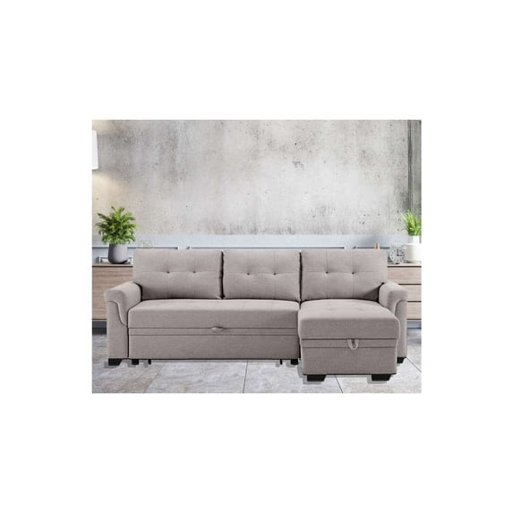 Lilola Home Hunter Light Gray Linen Reversible Sleeper Sectional Sofa with Storage Chaise-Color:Light Grey