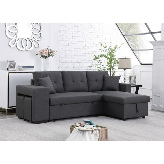 Lilola Home Linen Reversible Sleeper Sectional Sofa with Chaise Stools, Gray