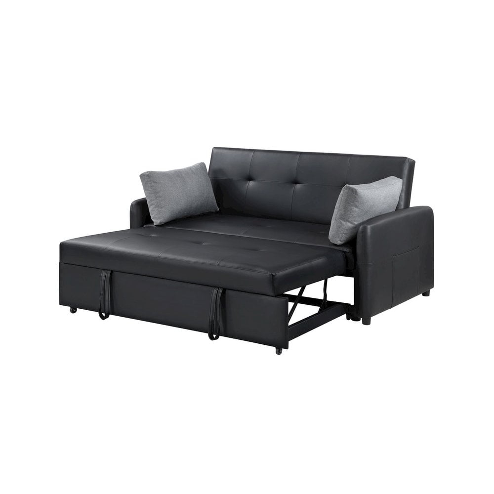 Radella 69" Black PU Faux Leather Conv.Sleeper Sofa w/USB+Pwr Sckts+Pckts+Pllws