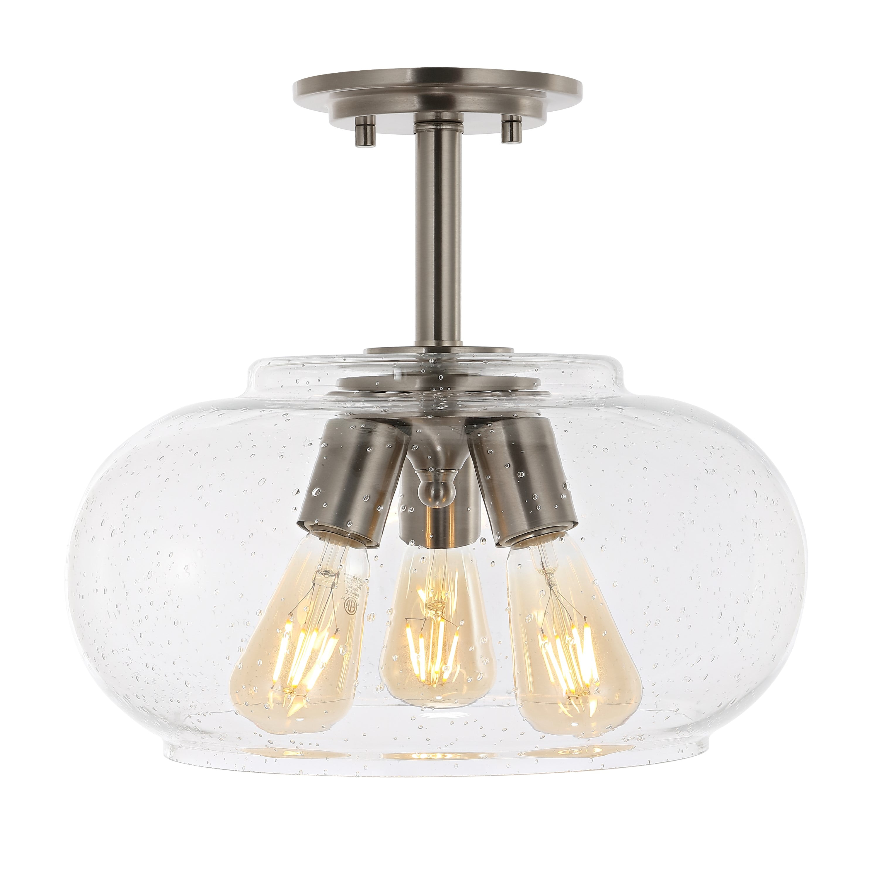 Lina 13.75" 3-Light Modern Industrial Iron/Seeded Glass LED Semi Flush Mount, Nickel/Clear