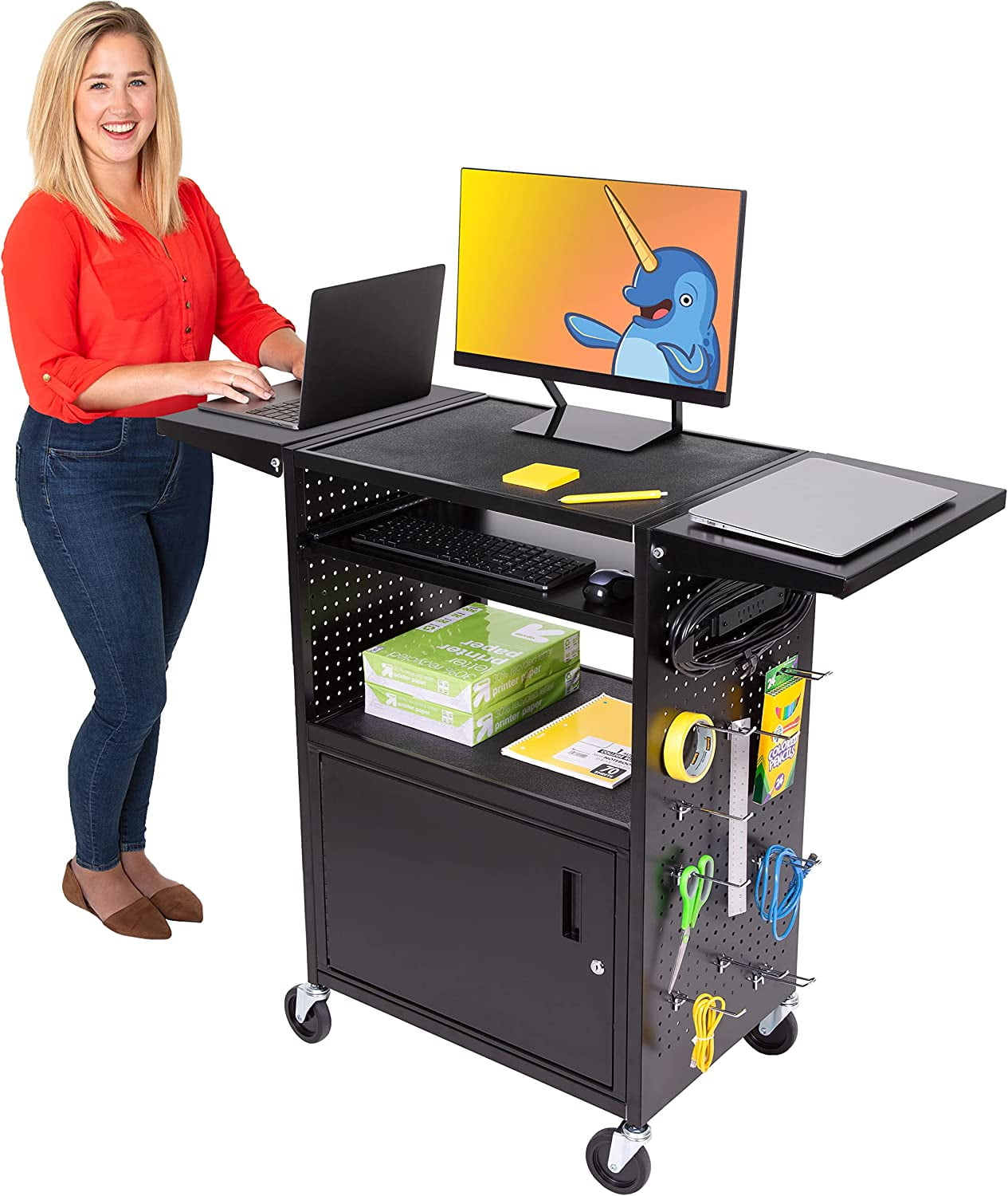 Line Leader Stellar AV Cart / Carro para Computadora con Guarnición de Tablero Perforado y 12 Ganchos para Almacenamiento/armario de Bloqueo Personalizable y Bandeja para Teclado Extraíble / Tomas de Corriente Certificadas de Seguridad UL / Ruedas de Bloqueo