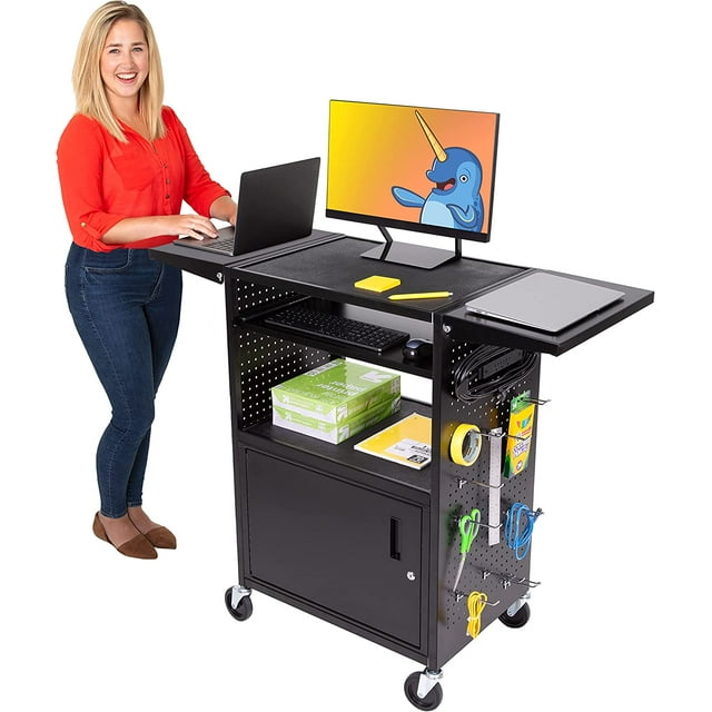 Line Leader Stellar AV Cart / Carro para Computadora con Guarnición de Tablero Perforado y 12 Ganchos para Almacenamiento/armario de Bloqueo Personalizable y Bandeja para Teclado Extraíble / Tomas de Corriente Certificadas de Seguridad UL / Ruedas de Bloqueo