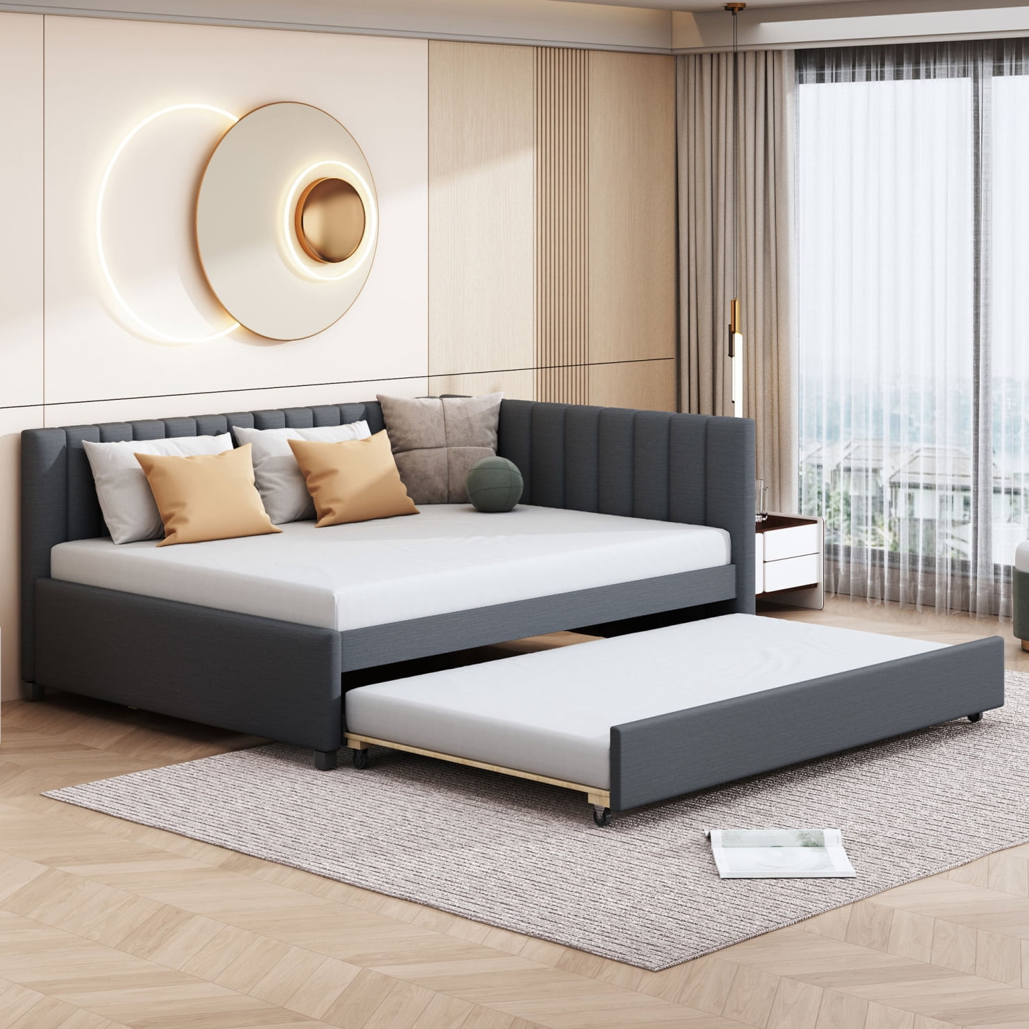 Linen Daybed, Full Solid Wood Daybed with Twin Size Trundle Bed, Bed Frame with Support of Slats, Maximize Space for Living Room, Bedroom and Guest Room, Gray