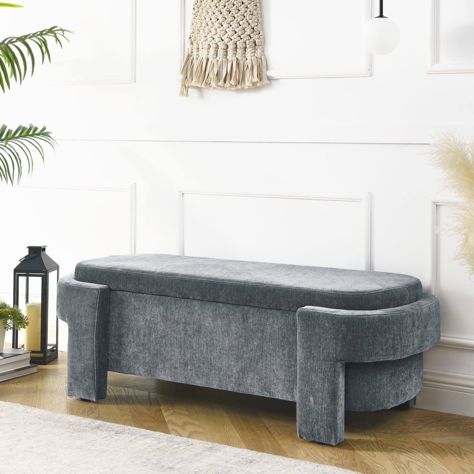 Linen Fabric Upholstered Bench with Large Storage Space Grey